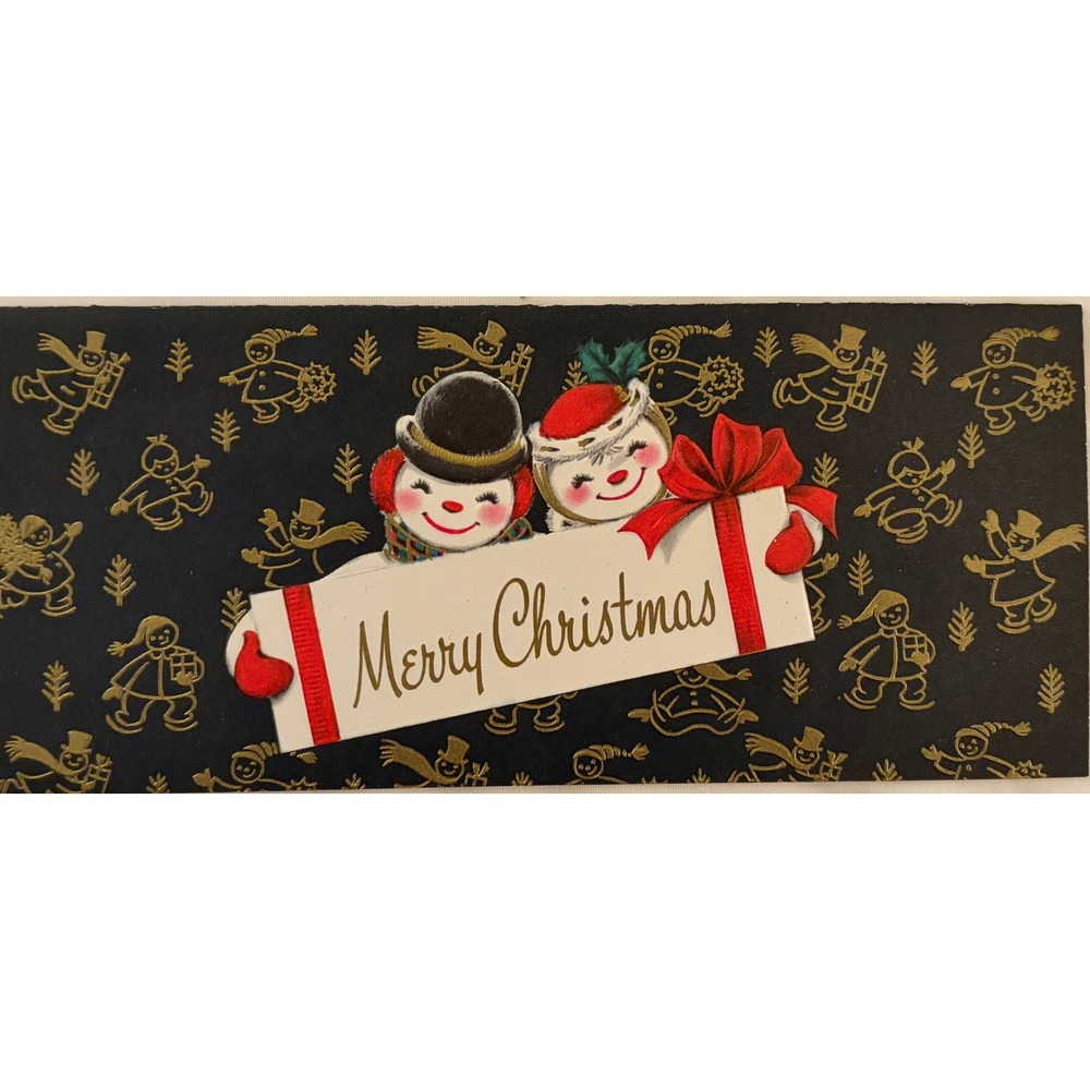 Vintage Mid Century Snowman Christmas Greeting Card Black Gold Embossed Unused